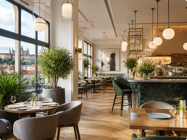 Elegantní interiér restaurace s jídelními stoly, čalouněnými židlemi, barovým pultem, zelenými rostlinami a závěsnými svítidly; velká okna nabízejí výhled na město.